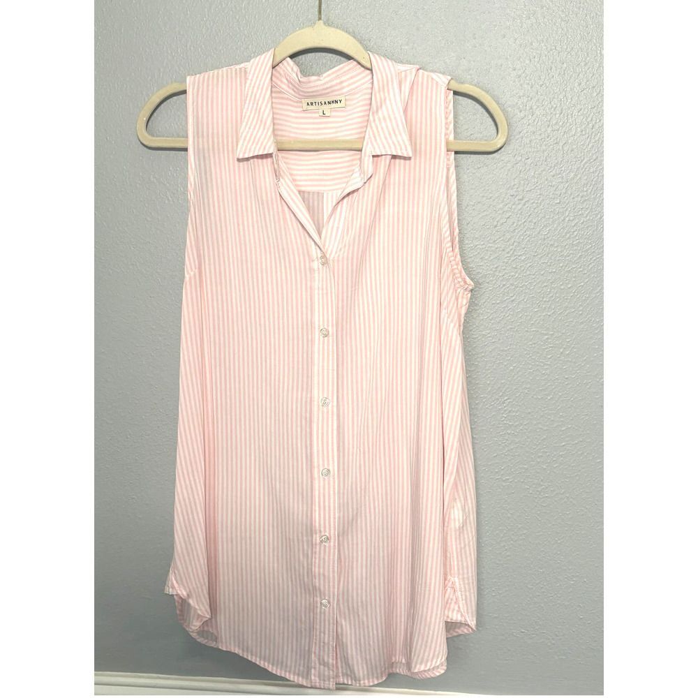ARTISAN NY STRIPED COASTAL CASUAL CLASSIC SLEEVELESS BUTTON DOWN RAYON BLOUSE